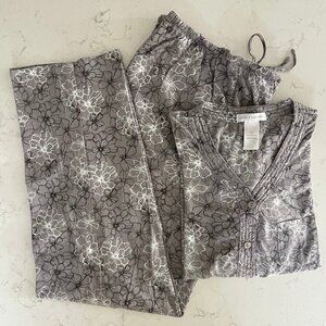 Carole Hochman Comfy Floral Print 2 Piece Cotton Pajama Set Grey White Blk Sz S